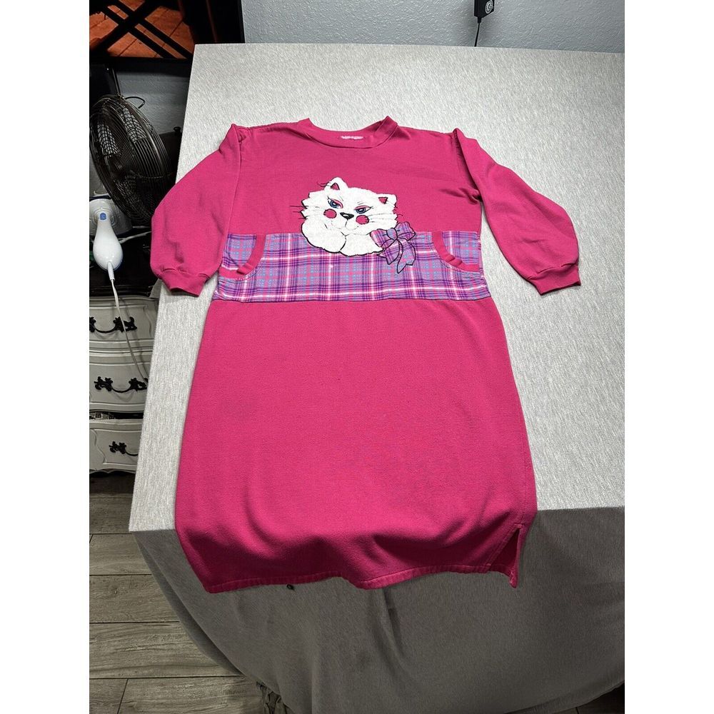VTG 80s/90s Pink &‎ Plaid Long Sleeve Fuzzy Cat Nightgown Size M/L
